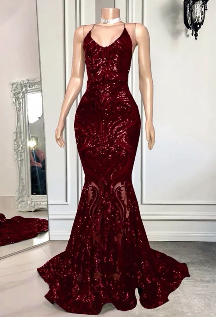 Robe de soirée sirène à sequins, longueur au sol, dos lacé, rouge foncé bordeaux, sequins, AB546