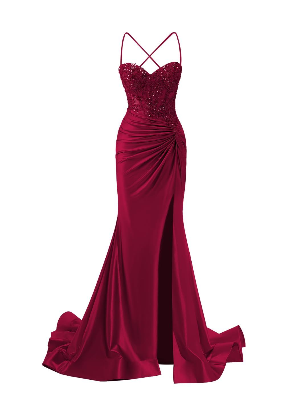 Mermaid Spaghetti Strap Prom Dresses for Women Satin Lace Applique Ruched Party Gown with Slit Formal Evening Dresses AB544
