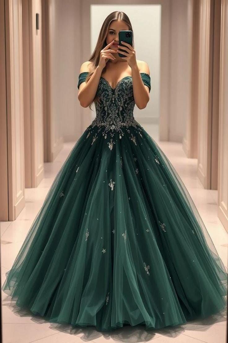 Robe de bal modeste à épaules dénudées en tulle vert émeraude, robe de soirée longue pour fête d'anniversaire de 16 ans AB1166