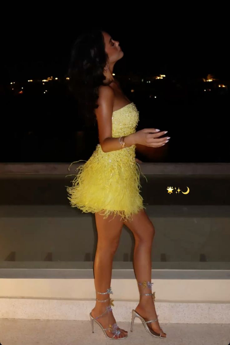 Sheath Sequin Homecoming Dress With Feathers Yellow Glam Party Outfit Birthday Dress Cocktail Outfits RB6243