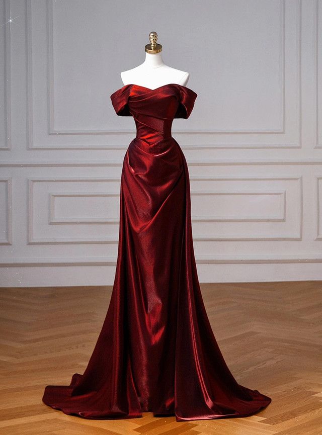 Robe de bal longue en satin bordeaux à plis et épaules dénudées, style sirène simple AB139