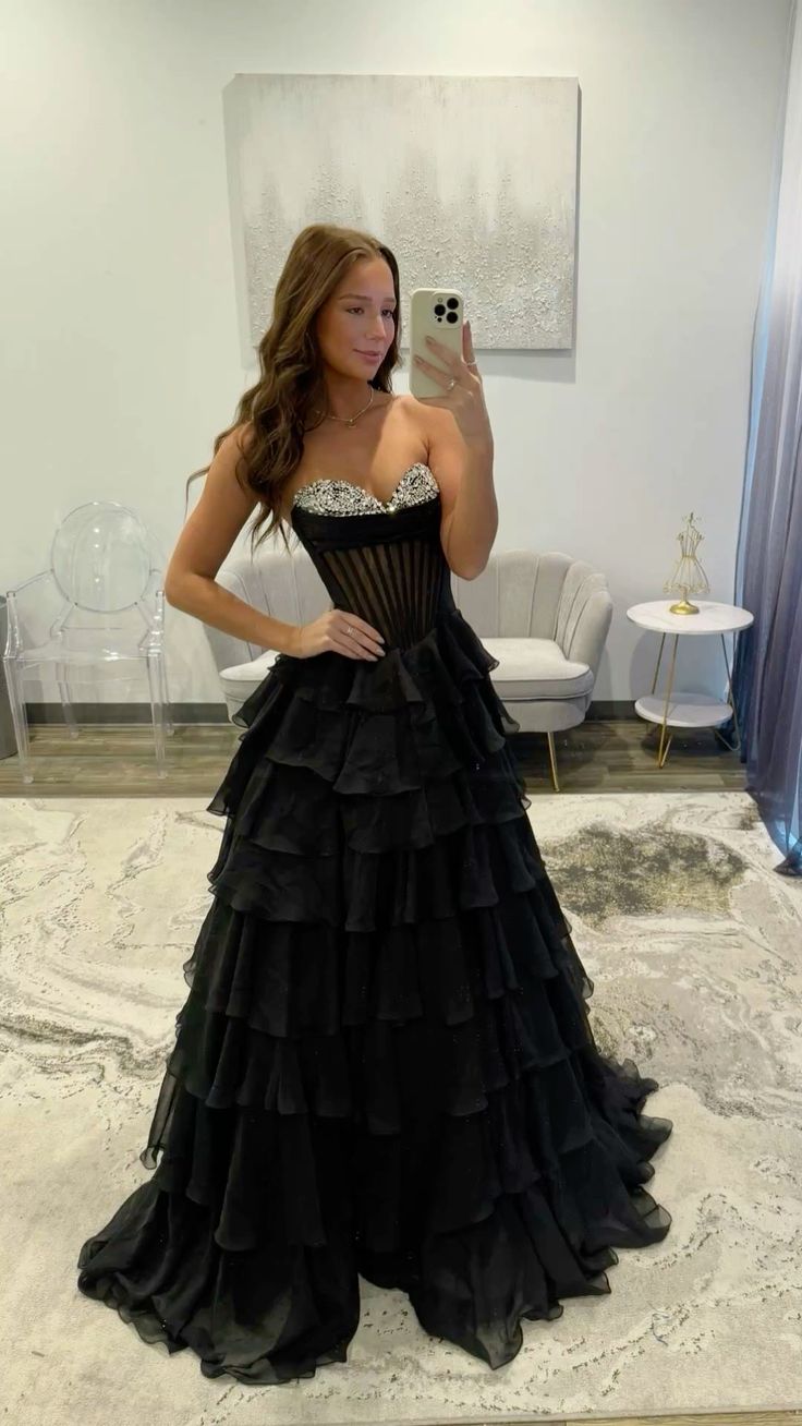 Blue Chiffon Tiered Ball Gown Sweetheart Prom Dresses Long for Women Black Ruffle Formal Evening Gown AB159