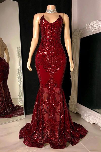 Magnifique robe de bal sirène sans manches à col en V et dos nu, ornée de sequins, longue, Vestidos De Dia AB532