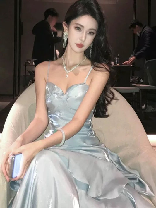 Glänzendes Meerjungfrauen-Kleid in Hellblau mit Spaghettiträgern, ideal für Tanzpartys, Abschlussball und Mädchen (NN829)