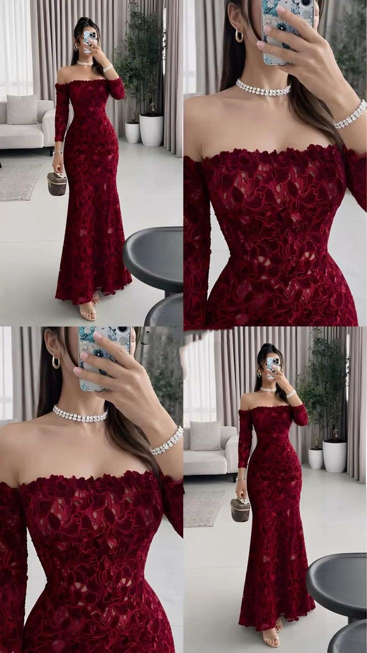 Robe de bal sirène sexy bordeaux à épaules dénudées et manches en dentelle, longue robe de soirée, robe de cérémonie, robe de mariage N354