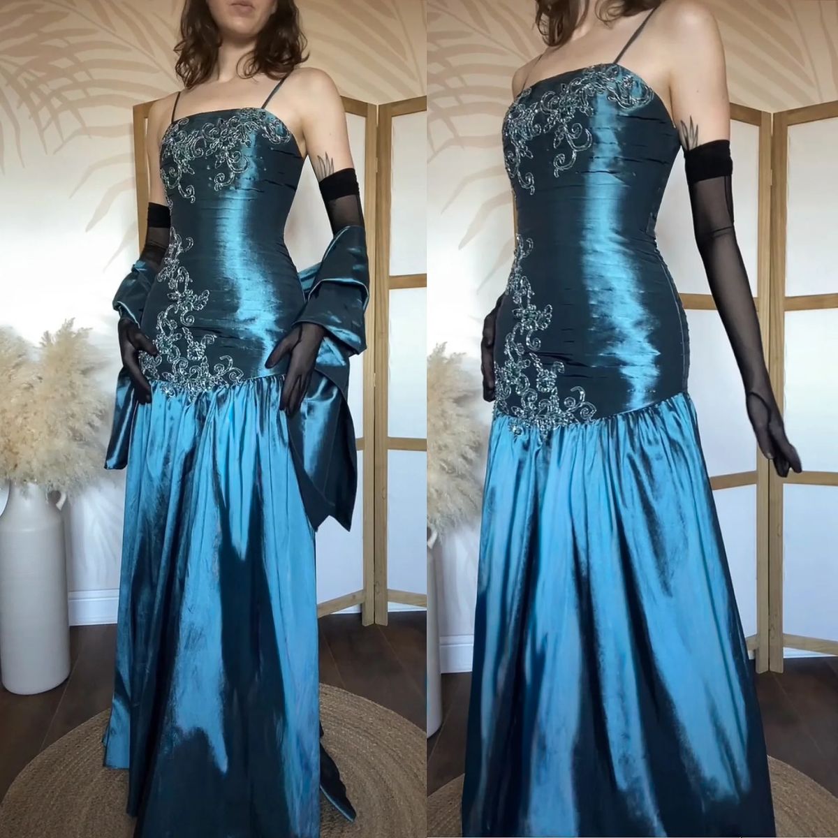 Vintage Meerjungfrauen-Abendkleid mit Spaghettiträgern, türkis, mit Rüschencape, Satin, lang, N1794