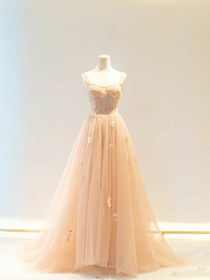 Robe de bal mignonne à bretelles spaghetti en tulle champagne - Inspiration pour adolescentes - Tenues de soirée - Robes de bal AB087