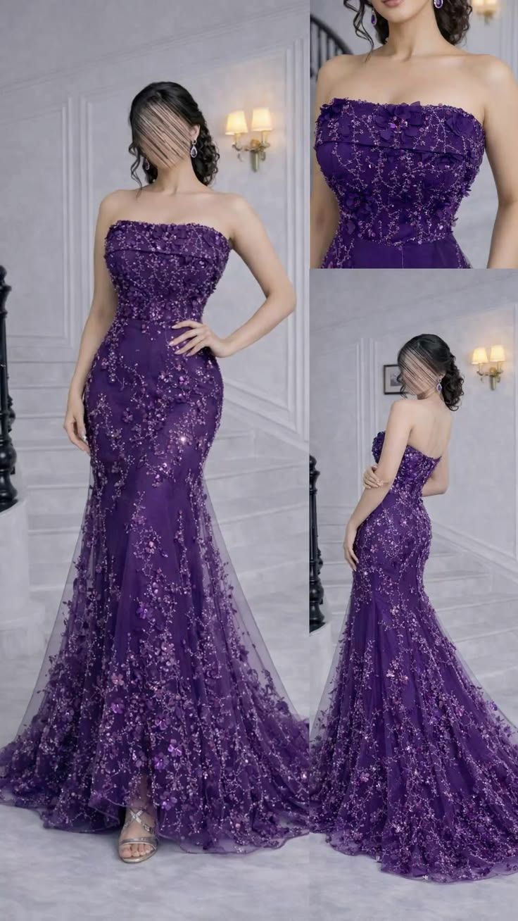 Sexy trägerloses, ärmelloses, traubenfarbenes Pailletten-Ballkleid im Meerjungfrauen-Stil, figurbetont für Damen N4061