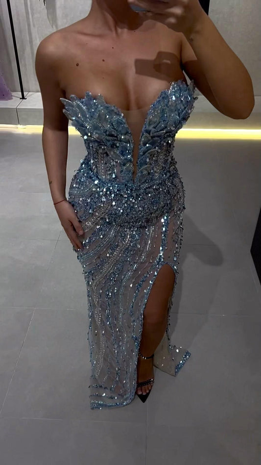 Gorgeous Mermaid Sweetheart Blue Slit Sequins Beaded Bodice Prom Dresses Long Formal Party Gown AB366