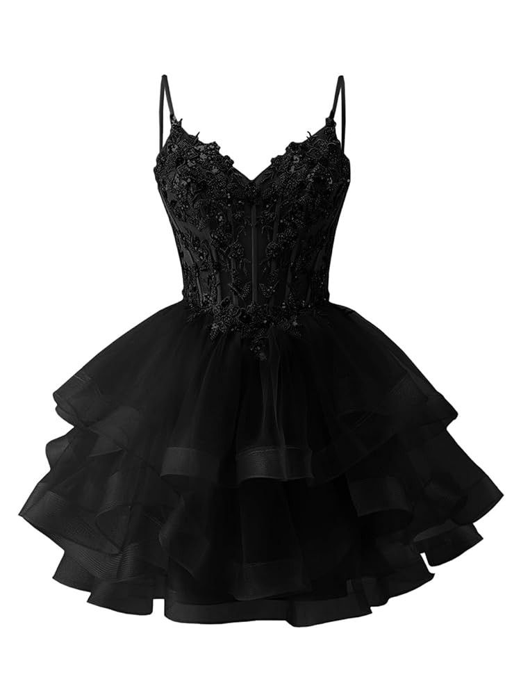 Jolie Robe de Bal Courte à Bretelles Fines Noire pour Soirée de Rentrée, Fête d'Anniversaire RB4181