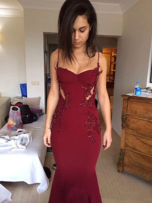 Mermaid Burgundy Spaghetti Straps Beaded Long Evening Prom Dresses Formal Dresses AB1853