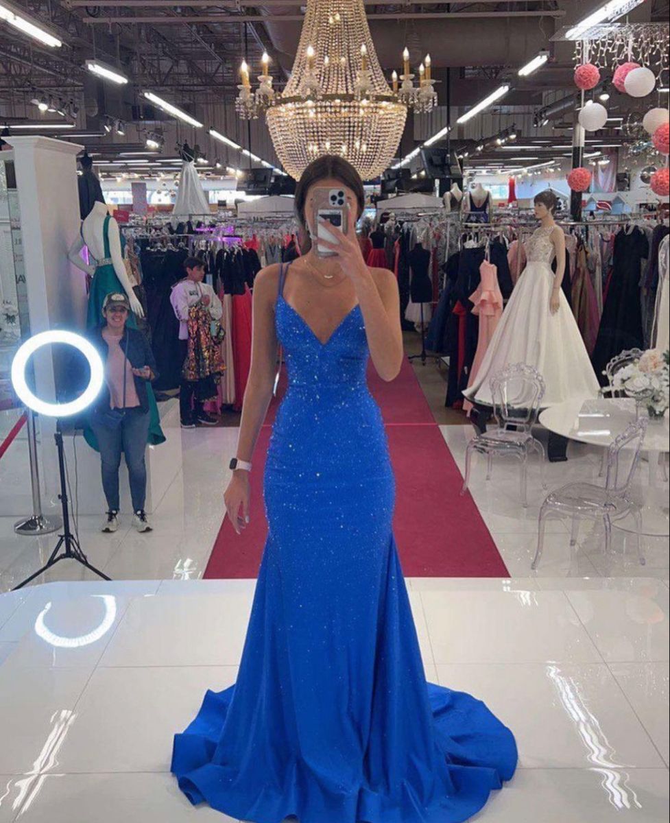 Wunderschönes, elektrisch königsblaues Meerjungfrauen-Abendkleid mit V-Ausschnitt und Spaghettiträgern, formelles Abendkleid AB1819