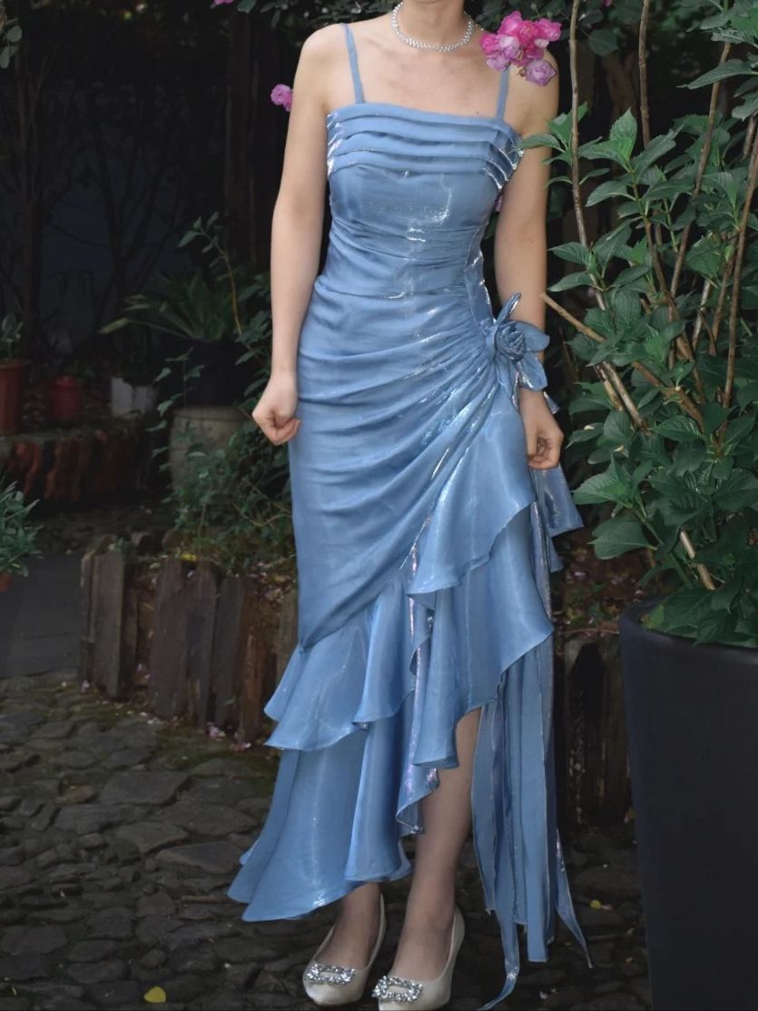 Robe de bal élégante bleue vintage à fleurs, ourlet asymétrique, AB1834