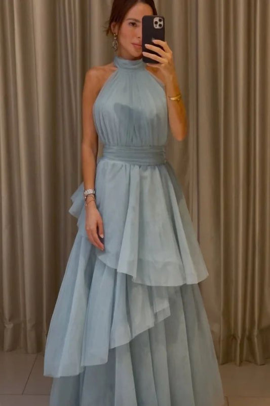 Modest A line High Neck Light Sky Blue Sleeveless Tulle Long Prom Dresses Evening Gowns AB194