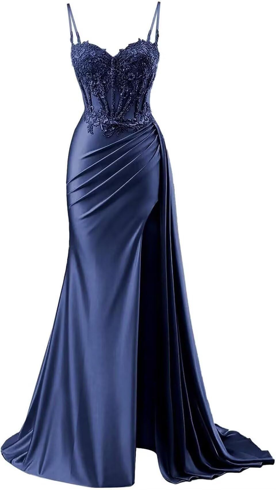 Robe de bal sirène pour femme, robe de soirée en satin pailleté ornée d'appliques en dentelle et fente, bretelles spaghetti AB682