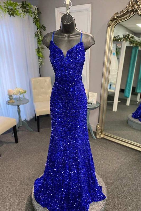 Spaghetti Straps Mermaid Sequin Long Evening Prom Dress Party Gown AB344