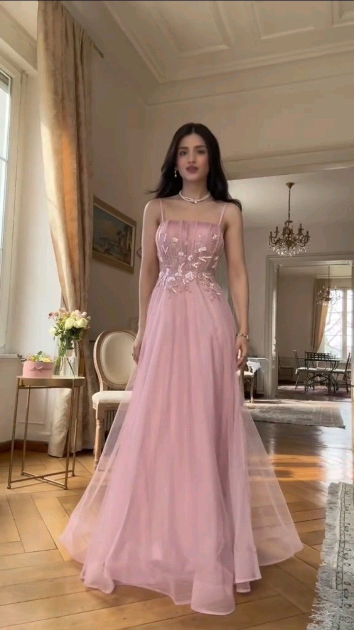 Modest A line Spaghetti Strap Pink With Applique Tulle Prom Dresses Graduation Dance Evening Outfits N045