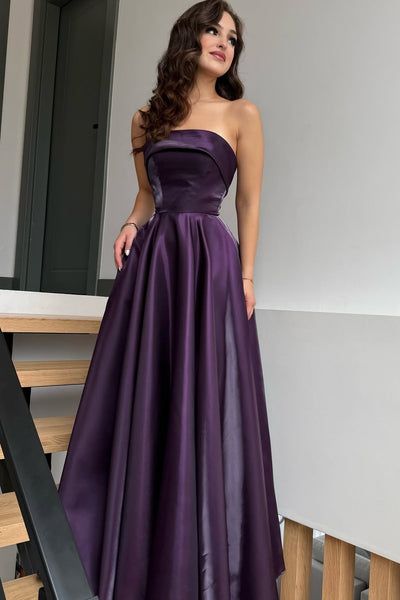 Glamouröses, lila, trägerloses, ärmelloses A-Linien-Abendkleid mit langer Schnürung am Rücken und Falten, formelles Abendkleid AB1926