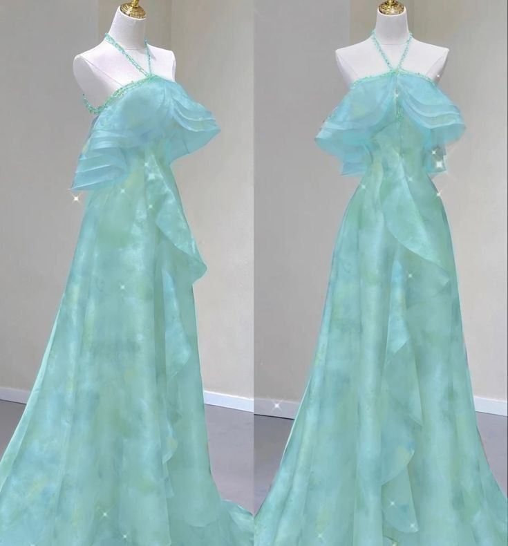 Elegantes Neckholder-Abendkleid in A-Linie, Grün mit Perlenstickerei, Rüschen, ärmellos, langes Ballkleid N2540