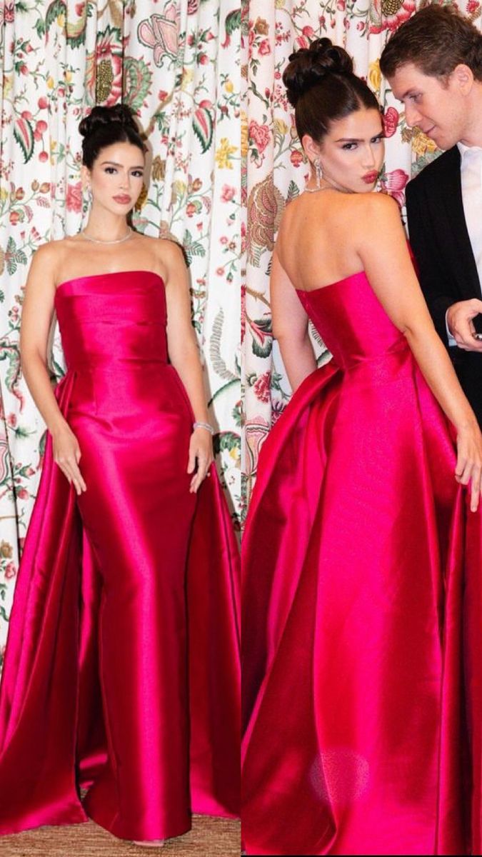 Robe de bal élégante fourreau en satin plissé à volants sans bretelles rose fuchsia, robe de soirée formelle AB415