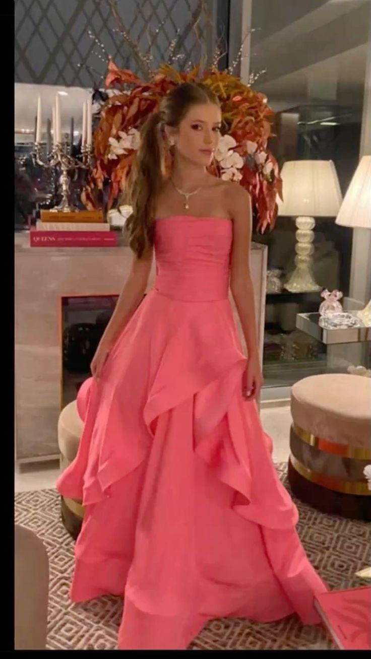 Magnifique robe de bal longue en satin rose, sans bretelles et sans manches, AB208