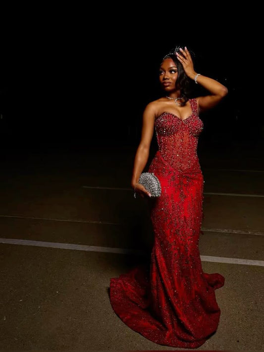 Sexy Meerjungfrauen-Abendkleid mit One-Shoulder-Träger, burgunderrot, Pailletten, perfekt für den 23. Geburtstag, als Ballkleid oder für schwarze Mädchen zum 20. Geburtstag (AB2000)