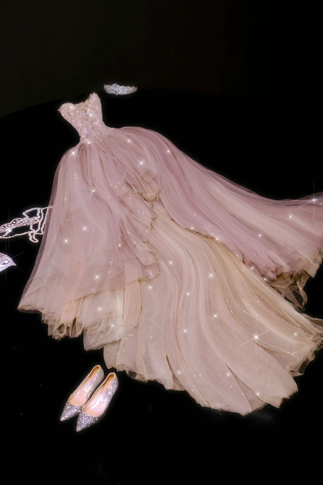 Niedliches, trägerloses, hellrosa Tüll-Ballkleid, langes Kleid für Quinceañera, luxuriöses Geburtstagskleid für Sweet 15 und 16, N106