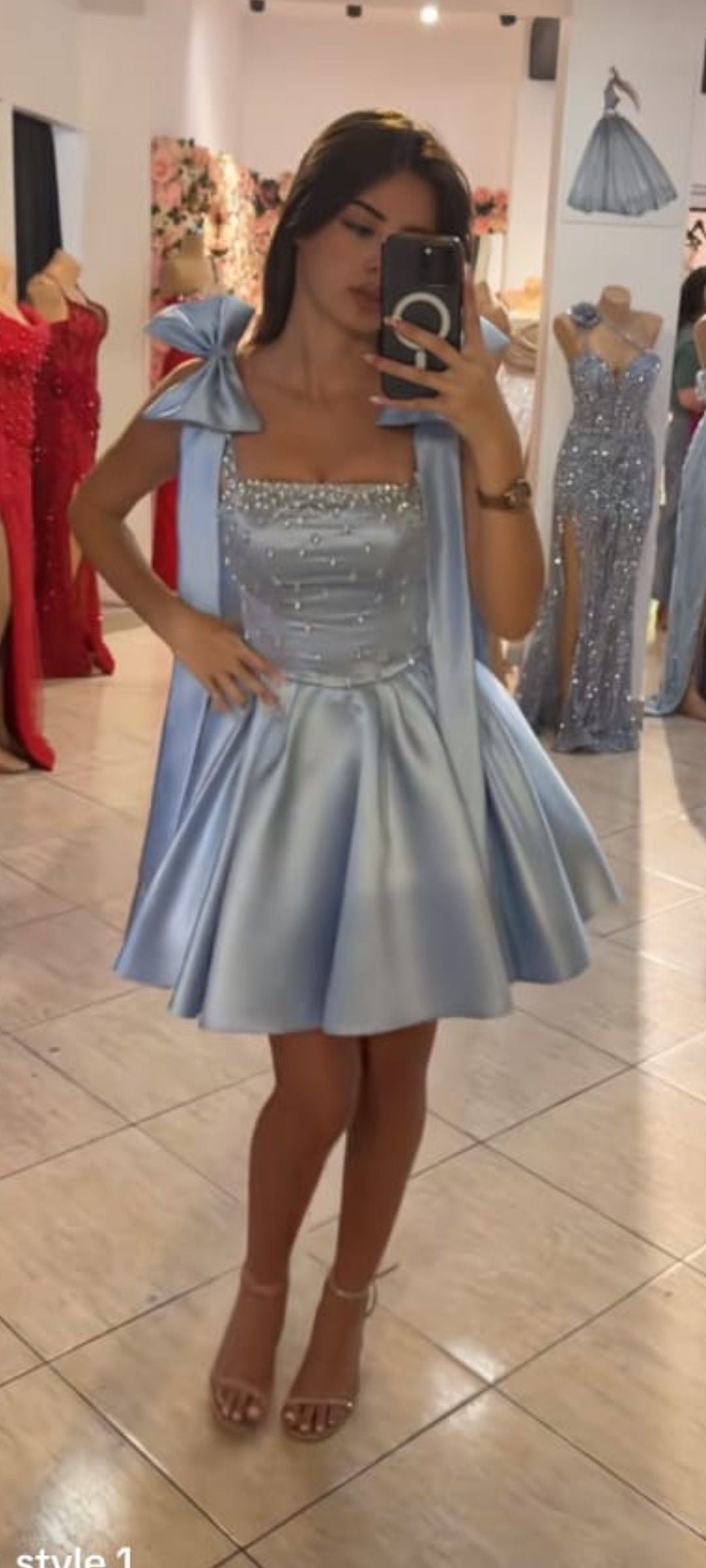 Cute Ball Gown Spaghetti Straps Light Sky Blue Satin Mini Short Formal 8th Grade Homecoming Dresses Birthday Dress N1891