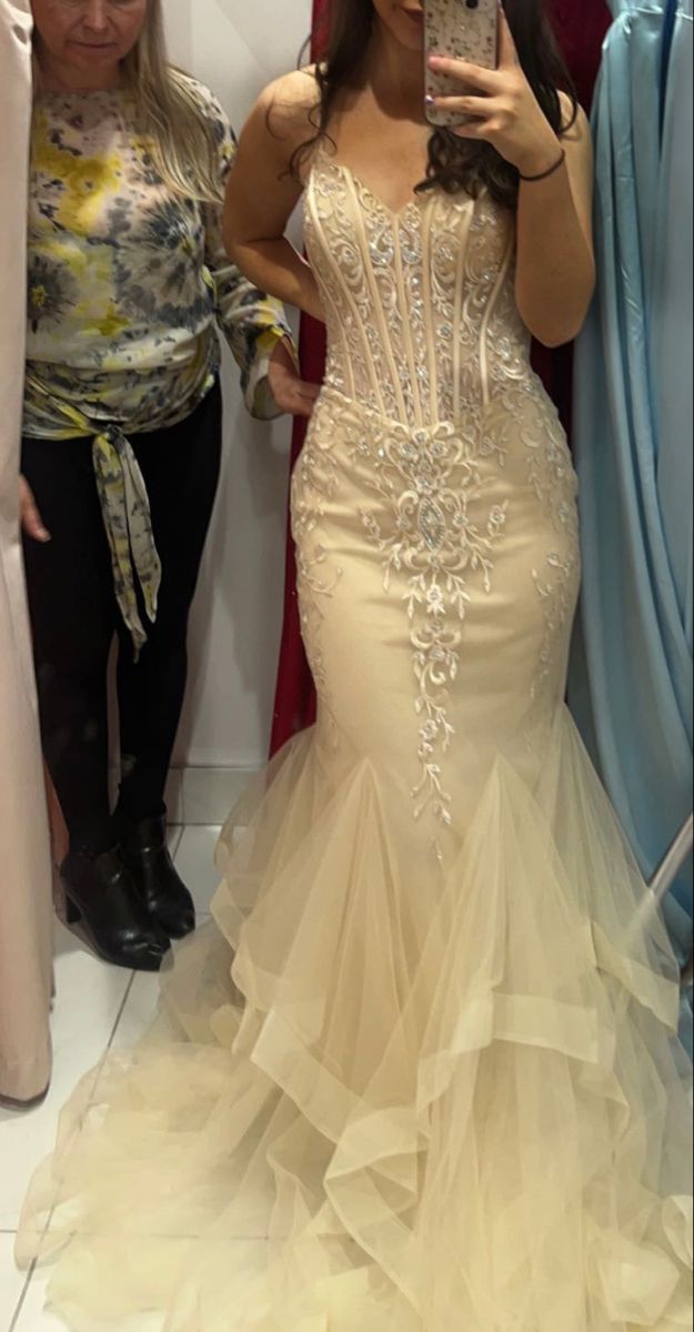Exquisite Mermaid Spaghetti Straps Yellow Lace Tulle Long Prom Dresses Formal Party Dress Prom Gown AB1179