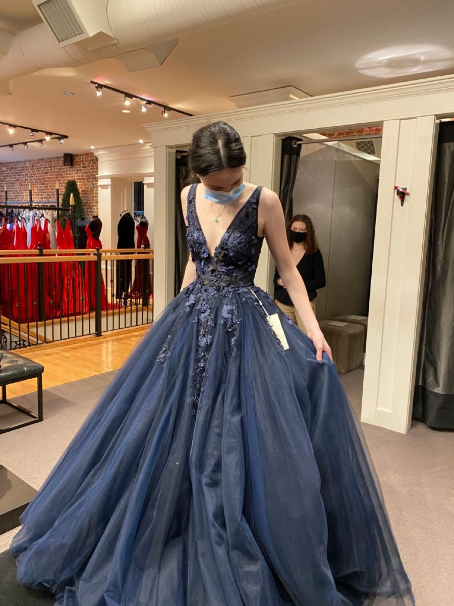 Robe de soirée bleu marine sur mesure pour occasions spéciales, robe de bal de luxe, coupe trapèze, col en V, appliques, AB1051