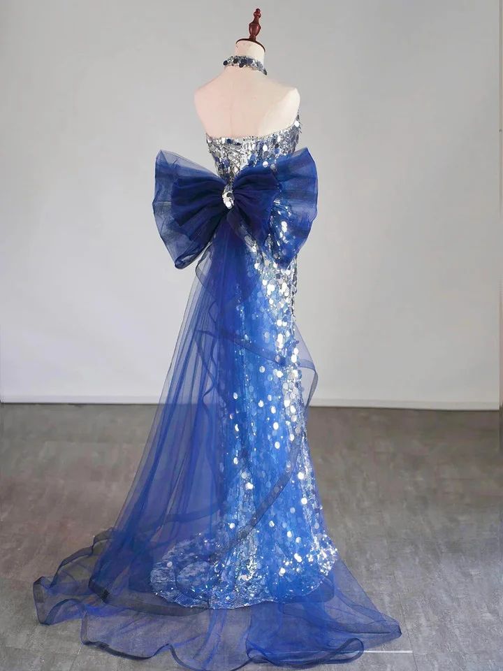 Glitzerndes silbernes Pailletten-Meerjungfrauen-Abendkleid, langes Ballkleid mit Schleife für Teenager, Gymnasien AB1931