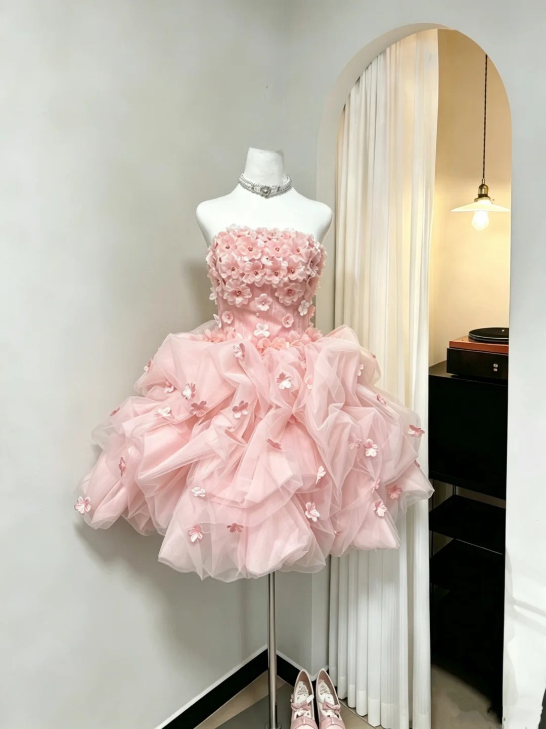 Modest Ball Gown Strapless Pink With Flowers Short Mini Senior Inspo 16th Birthday Outfits Homecoming Dresses RB3974