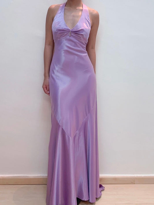 Vintage Mermaid Halter Lilac Satin Formal Dress Long Prom Dresses N2751
