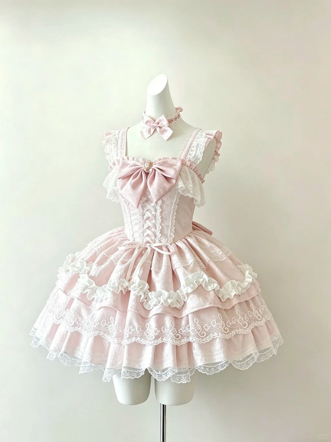Pretty Ball Gown Square Neck Pink With Bow Tiered Layers Outfit Lolita Dresses Inspo 18th Birthday Homecoming Dress RB4805