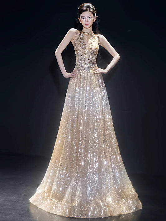 Robe de bal longue princesse à sequins dorés, coupe trapèze, dos nu, style princesse, idéale pour les adolescentes. Robe de soirée, tenue de bal, AB2218