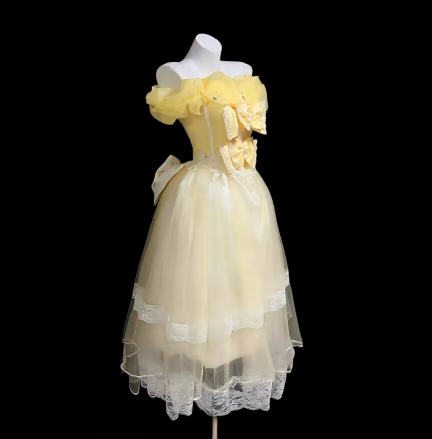 Pretty Ball Gown Off The Shoulder Yellow Tulle Tea Length Party Homecoming Dress High School Ideas Inspo 16th Birthday Outfits RB7328
