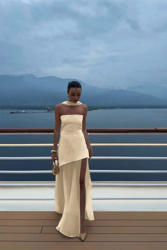 White Strapless Satin Chiffon Split Holiday Summer Prom Dress 18th Birthday Outfits AB2396
