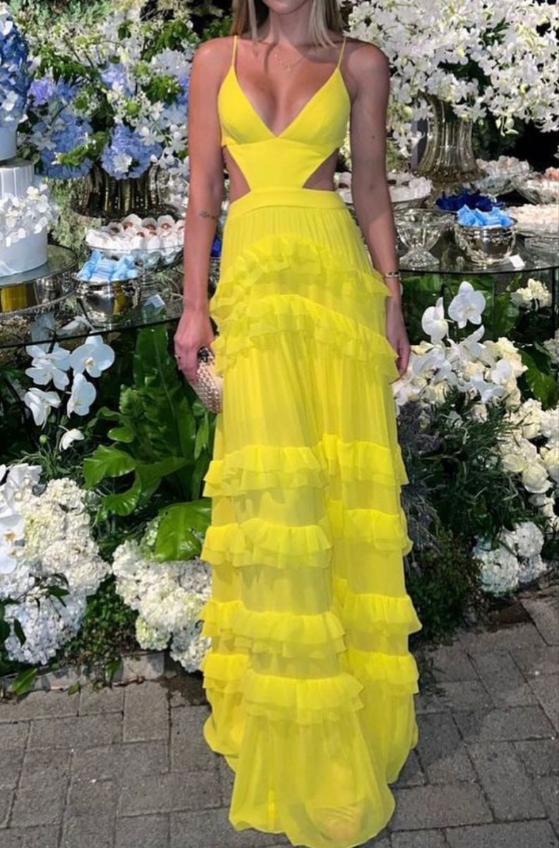 Sexy Yellow Prom Dress Aesthetic Classy A line Spaghetti Strap Sleeveless Chiffon Prom Gowns AB234
