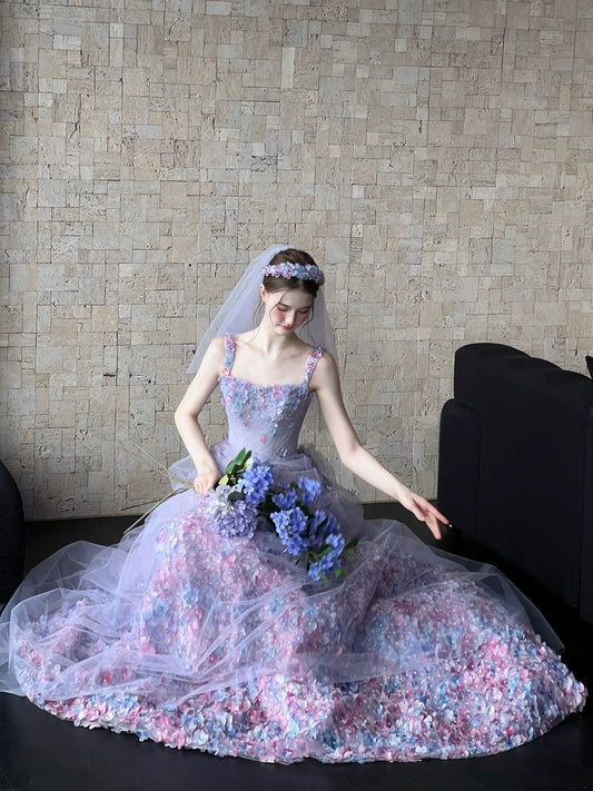 Robe de bal princesse à col carré, dentelle lilas à motifs floraux, longue, style tendance pour adolescentes, robe de soirée, tenue de bal AB2222