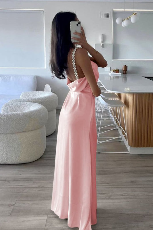 Sheath Spaghetti Straps Satin Long Prom Dresses With Pearls For Women AB1549