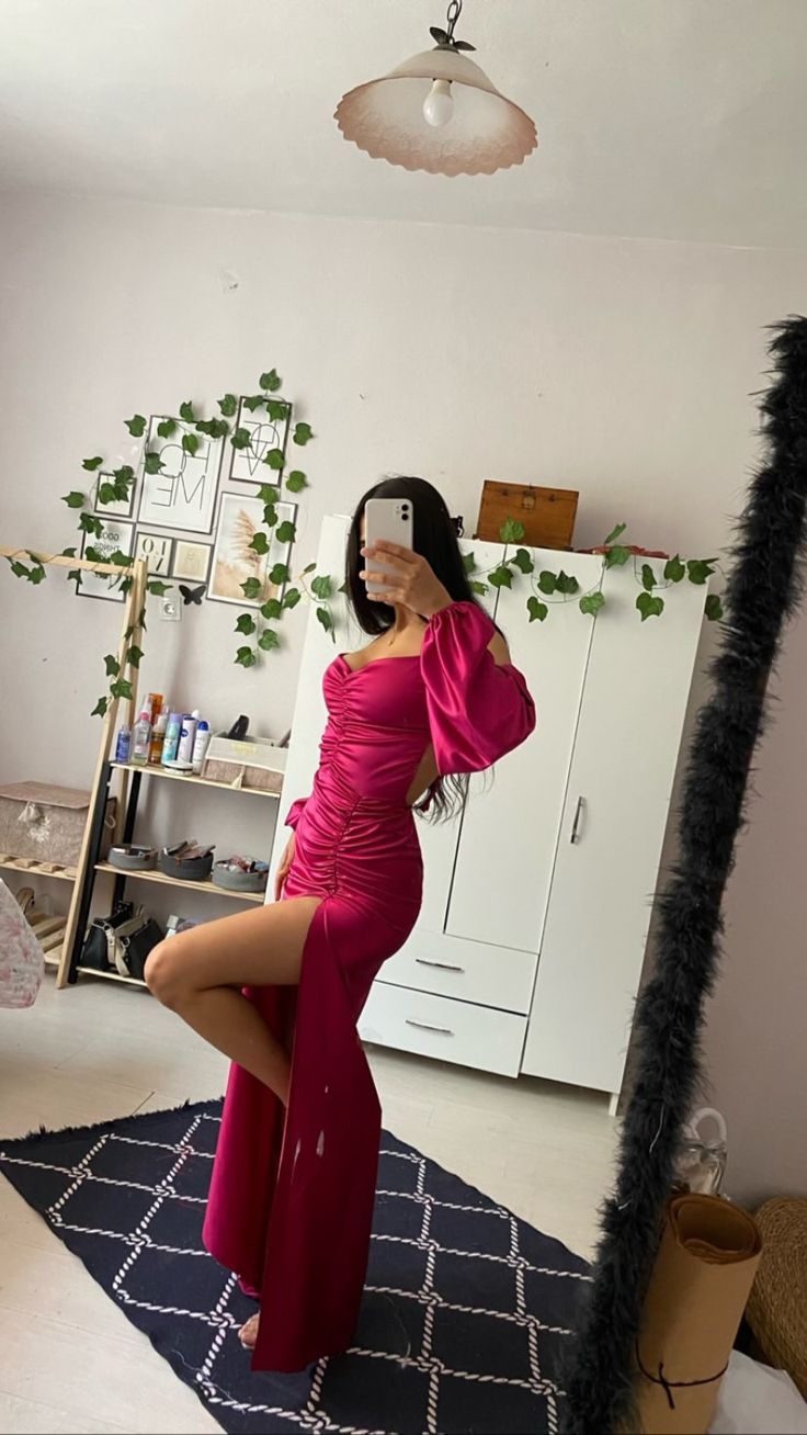 Modest Mermaid Spaghetti Strap Hot Pink Satin Slit Prom Dresses Sleeveless Long Formal Party Gown AB340