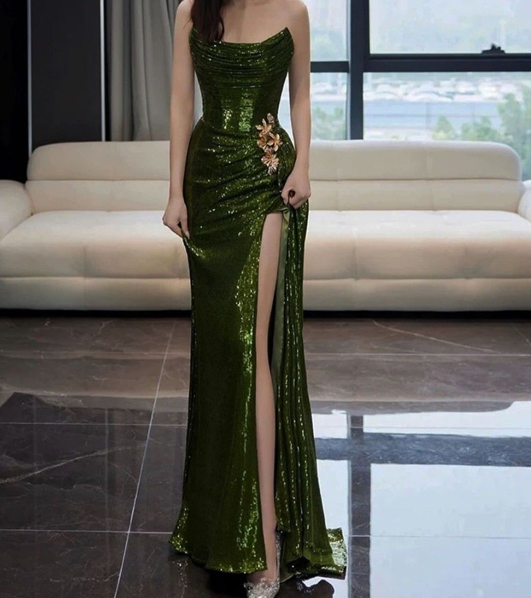 Elegantes, trägerloses Meerjungfrauen-Abendkleid in Dunkelgrün mit Pailletten und Schlitz, langes formelles Ballkleid für Damen, 16. Geburtstagskleid AB1245