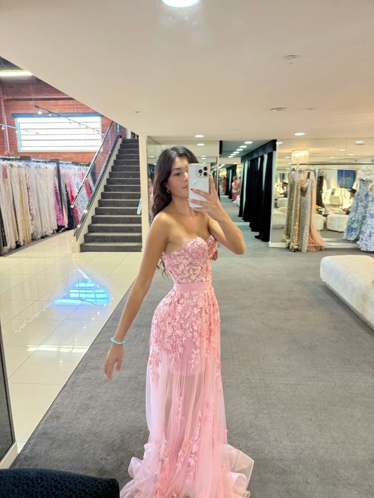 Niedliches, langes, rosafarbenes A-Linien-Abendkleid mit Herzausschnitt aus Spitze – Inspiration für formelle Anlässe und Partys für Damen (AB1284)