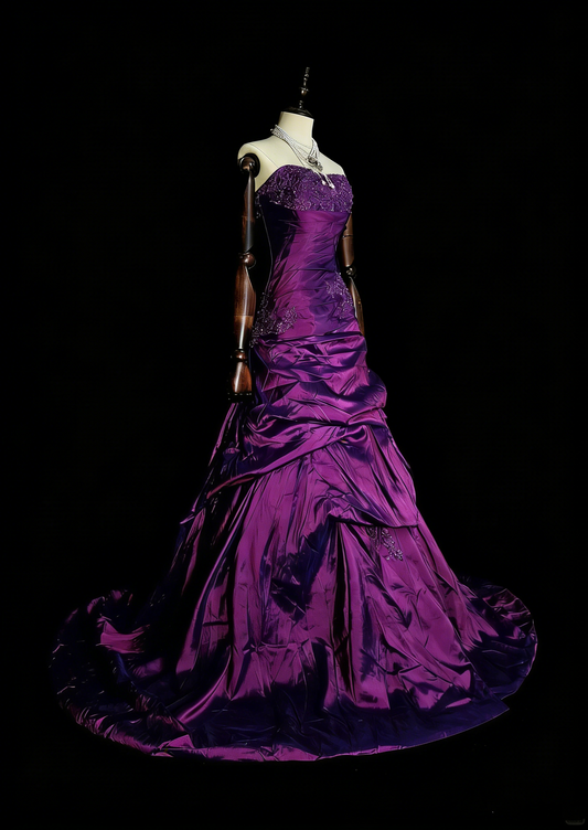 Vintage 1760s Ball Gown Sweetheart Purple With Satin Pleated Long Prom Dresses N1599