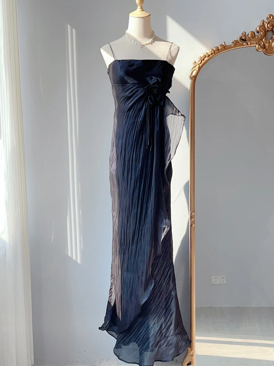 Vintage Etui 70er Jahre Spaghettiträger Schwarzes Klebeband Kleid Lange Ballkleider Formelle Outfits RB3931