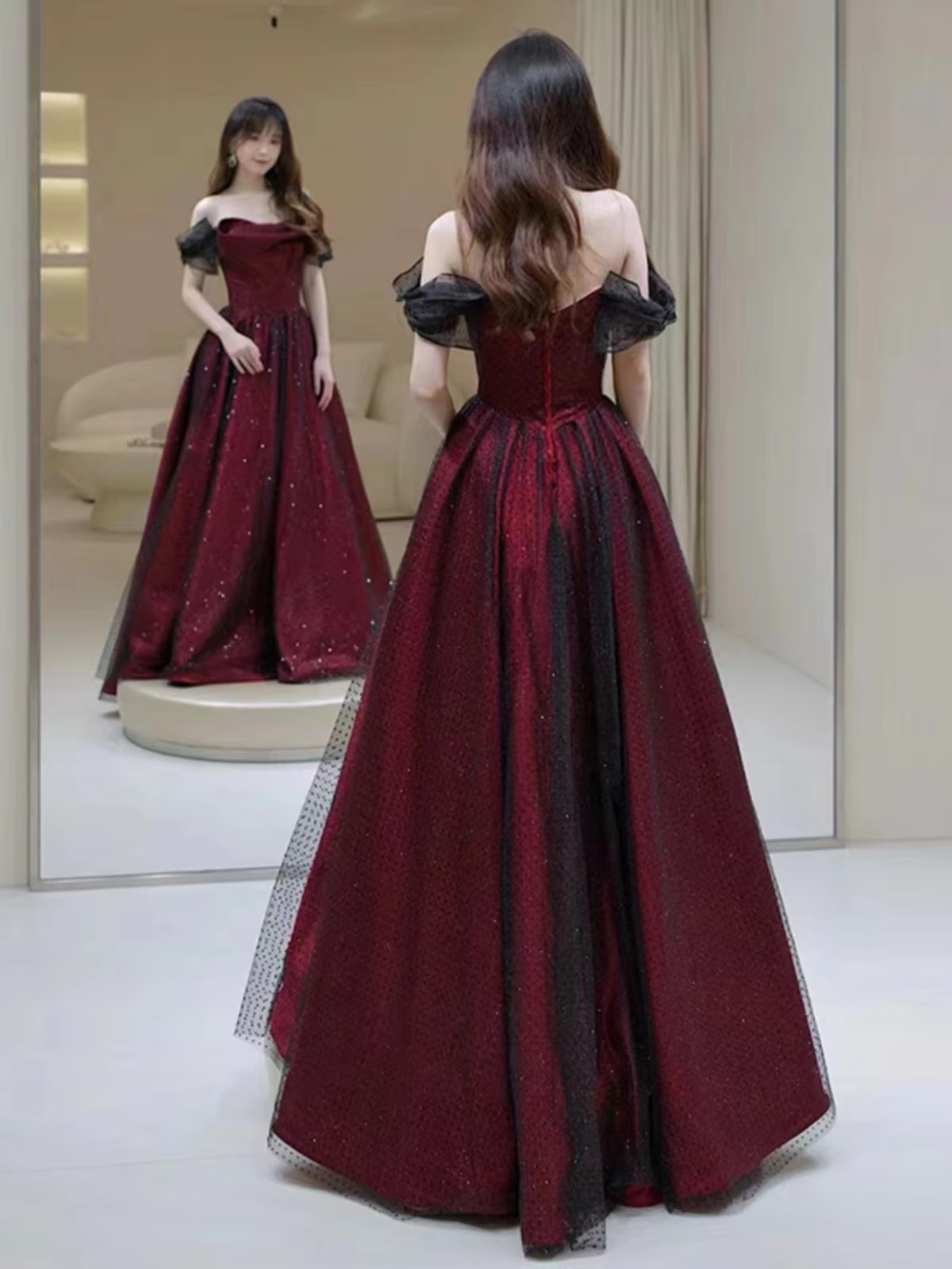 Robe de bal longue en tulle noir et rouge, coupe trapèze, épaules dénudées, robe de soirée de mariage, robe d'anniversaire AB916