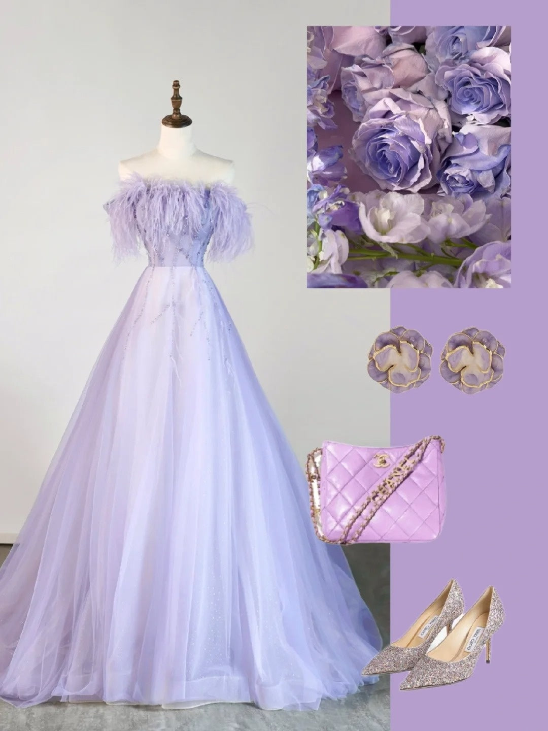 Robe de bal bustier en tulle lilas ornée de plumes, robe longue de soirée élégante et tendance pour le lycée, tenue de fête, robe de bal N678