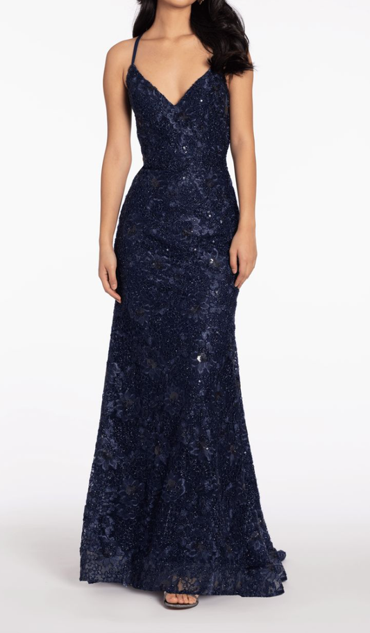 3D Floral Embroidered Strappy Back Trumpet Dress Prom Dresses Backless With Sweep Train AB1578