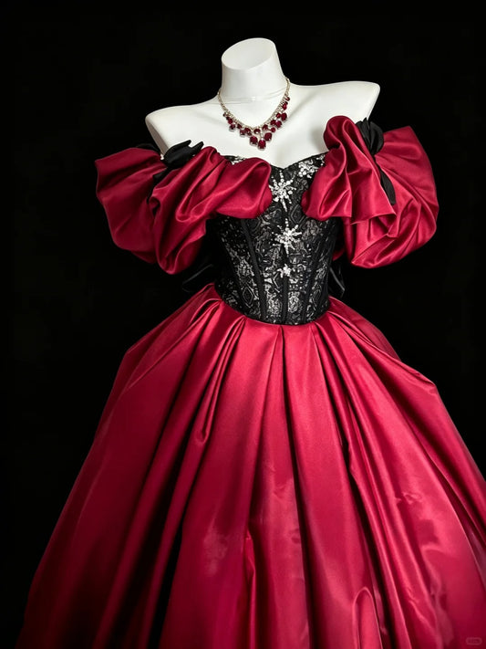 Princess Ball Gown Off The Shoulder Red Satin With Black Lace Sweet 16 Dresses Quinceanera Dress N4194
