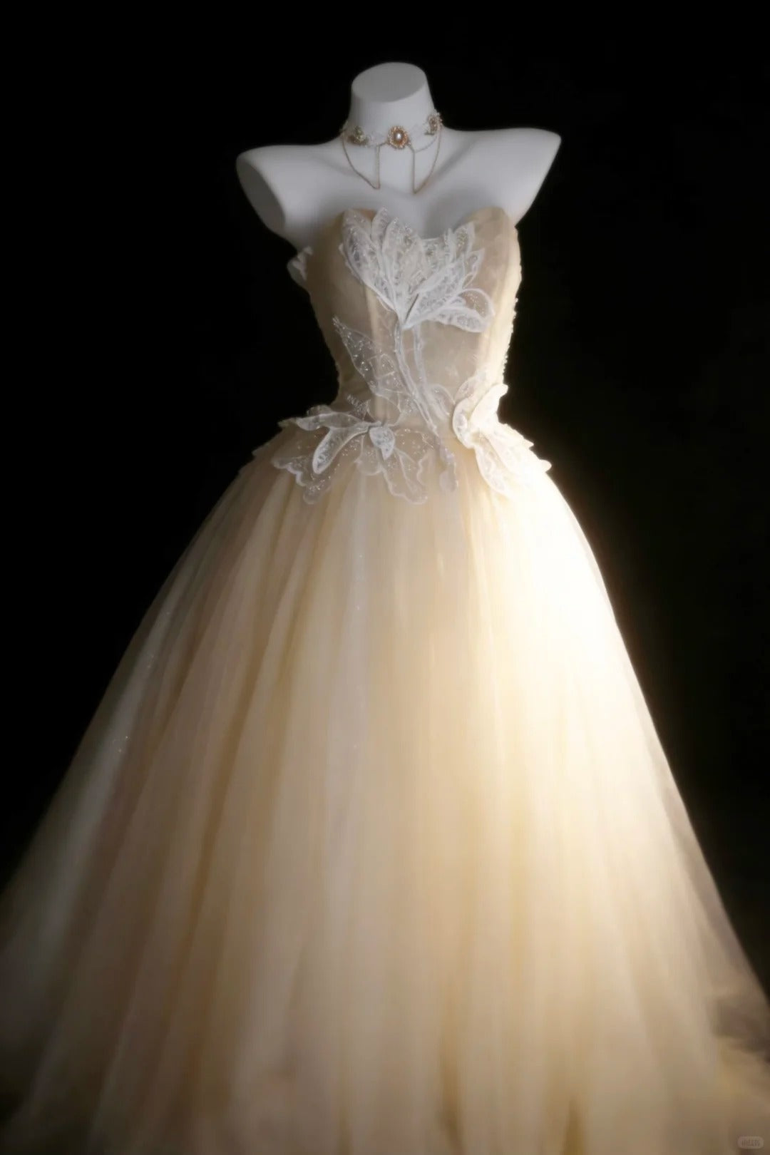 Bescheidene Ballkleider für den Abschlussball, trägerlos, Champagner, Tüll mit Applikationen, langes Quinceañera-Kleid N2973